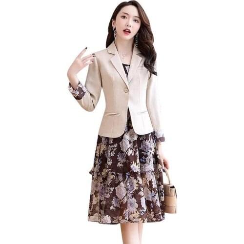Elegant Blazer Dress Suits For Office Lady 2021 Spring Summer Slim Cascading Ruffle Sleeveless Floral Dress 2 Piece Set Women