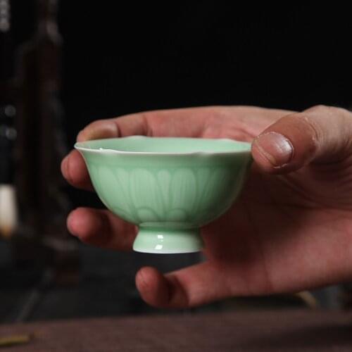 Chinese Kung Fu Teacup Celadon Flat Cup Intaglio with Chrysanthemum Sake Cups 2.5oz Ceramic Drinkware of Tea Porcelain