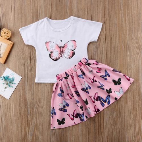 Pudcoco Girl Set 1Y-6Y Toddler Baby Girls Butterfly Outfits Clothes Summer T-shirt Skirts Mini 2pcs Set