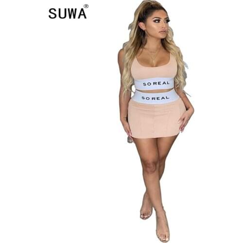 Letter printing summer evening party club sexy 2 pieces matching sets women vest tank tops + bodycon mini skirts on sale