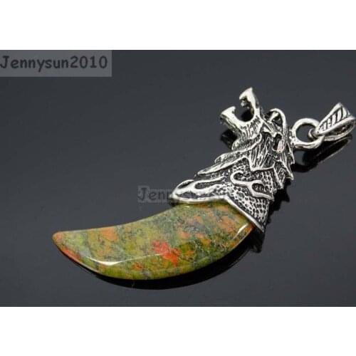 Natural Unakite Gems stones Claw Paw Tibetan Silver Carved Wolf Head Pendant Charm Beads Jewelry Design 10Pcs/Pack