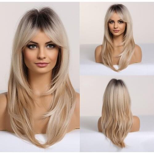 Ombre Dark Brown Blonde Synthetic Wigs with Side Bangs Long Wavy Wigs for Women Cosplay Daily Party Hair Heat Resistant Fiber