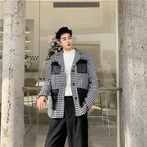 Top Quality Suits Muti-pockets Patchwork Blazers Men Fashion Black White Plaid Warm Thicken Suit Jackets High Street Outerwear