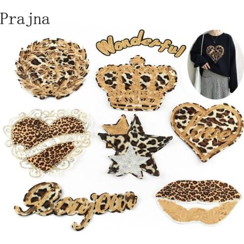 Prajna Leopard Heart Crown Patch Bling Sequin Leopard Lip Mouth Patch Sew On Embroidered Patches For Clothes Stripes Jacket DIY