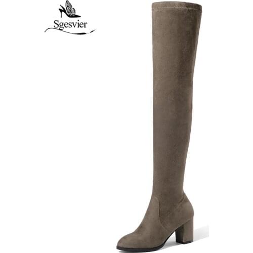Sgesvier 2019 Women Boots Over The Knee Boots Stretch Fabrics Round Toe Shoes Square High Heels Autumn Boots Size 34-43 OX553