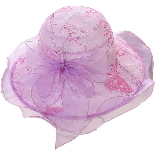Chiffon Fedora Hats Flower Wedding Hats Church Dresses Elegant Pink Women Wide Brim