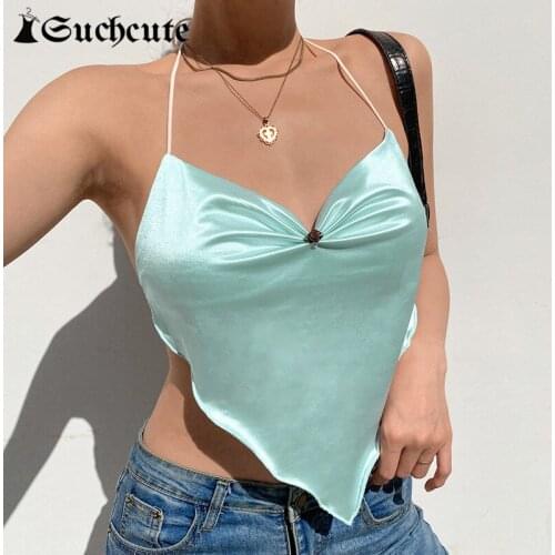 SUCHCUTE Sexy V-Neck Ruched Backless Crop Tops For Women 2000s Aesthetic Brown Halter Tops 2021 Party Clubwear Satin Cami