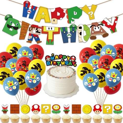 Mario Birthday Game Theme Balloon Cake Topper Flag Banner Set Childrens Day Party Dress Up Props