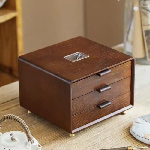 Drawer Organizers Tea Storage Box Wood Storage Drawers Sundry Storage Drawer Solid Wood 3-Layer Drawer Organizers Chinese Style