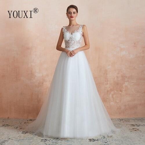 YOUXI Wedding Dress 2019 Boat Neck A- Line Tulle Appliques Sequined Bridal Formal Bridal Gowns vestido de noiva boho
