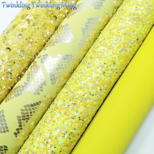 YELLOW Glitter Fabric, Sequin Glitter, Snake Faux Leather Fabric, Synthetic Leather Sheet For Bow A4 8"x11" Twinkling Ming XM263