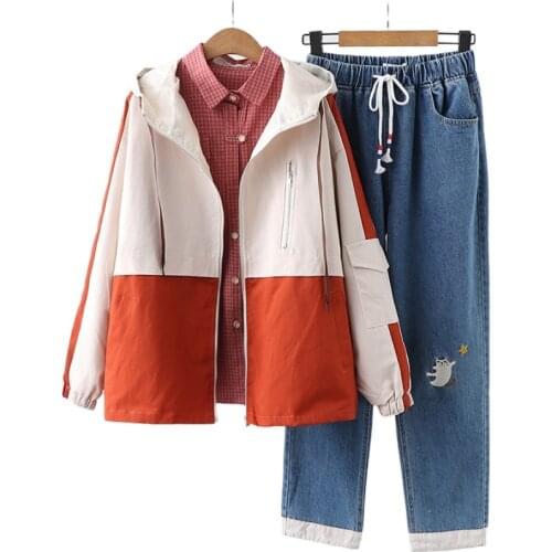 Women Sets Red Plaid Cartoon Embroidery Blouse Elasticity Waist Knee Length Jeans Denim Pants And Hooded Jacket Coat 3 Piece Set