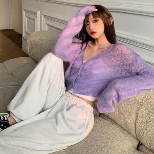 Korobov 2021 New Fashion Women Cardigans Summer Thin Long Sleeve Sweaters Streetwear Sunscreen V Neck Mohair Sueter Mujer