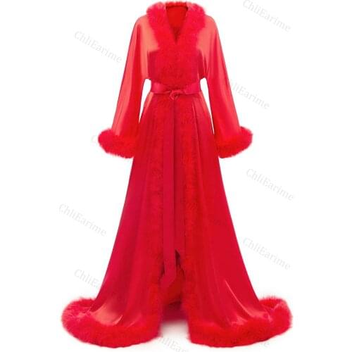 Womens Feather Bridal Robe Luxury Fur Trim Silk Satin Lingerie Dressing Gown Nightgown Long Wedding Scarf