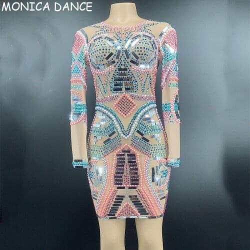 Women Sexy Stage Multi-color Rhinestones Pearl Sequin Transparent Dress Long Sleeves Birthday Celebrate Outfit Women Dance Dress