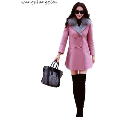 Womens fur collar wool coat 2019 winter new of the solid color Slim female autumn winter fashion casual woolen coat A500