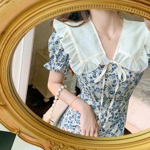 Blusas Elegantes Dresses for Women 2021 Summer Chiffon Floral Dress Sweet Ruffled Puff Sleeve Sexy Dress Female Empire 1061