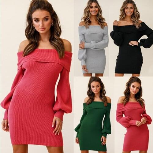 Sexy hip wrap Knit Skirt off shoulder Lantern Sleeve Dress New rib dress in autumn and winter