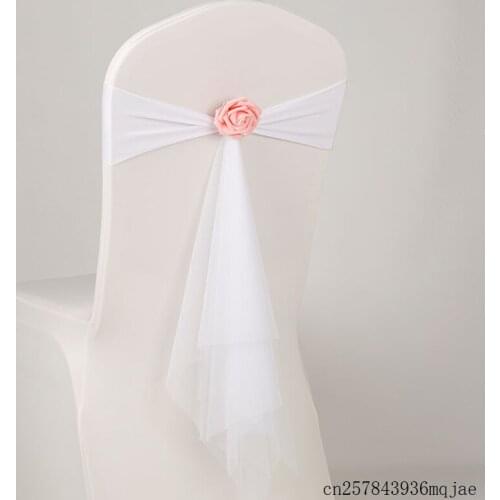 100 Pcs Muslin Chair Sashes Lycra Chair Band with Fake Pink Flower Wedding Banquet Decoration Home Decor