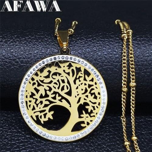 2021 Fashion Tree of Life Stainless Steel Necklace for Women Gold Color Crystal Necklaces Beach Accessories NXS01