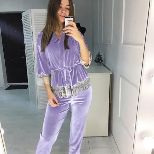 2021 Women Splicing Sleepwear Knitting Autumn Warm Robe Set Patchwork Lace Sexy Pajamas With Pants Home Wear