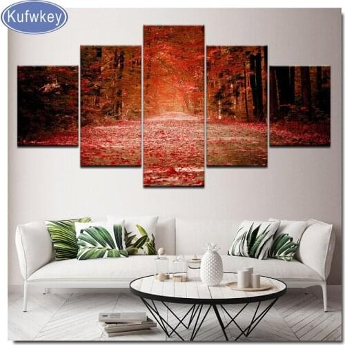 5PCS,Multi-picture,Full, Diamond Embroidery,red leaves, 5D, diy Diamond Painting, Cross Stitch, Diamond mosaic Autumn forest art