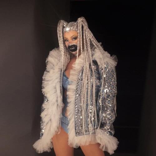 Glisten Sequin Blue Denim Jacket Birthday Celebrate Loose Performance Costume Outfit Women Coat Singer Dance Show Evening Wear