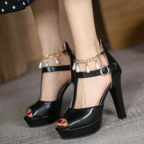 Black Beige White Womens Shoes T-Strap Square High Heel Summer Sandals Fashion Buckle Zipper Peep Toe Dress Shoes Woman