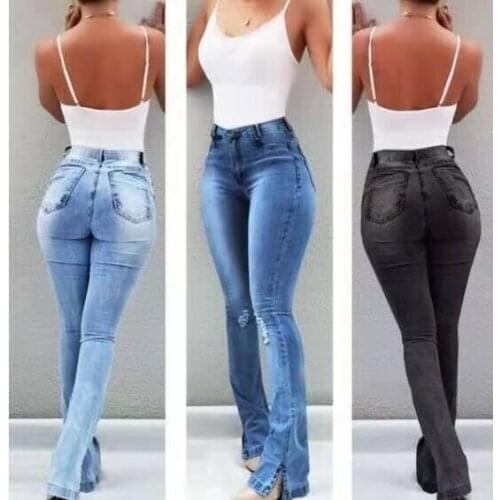 Womens High Waisted Flared Jeans Ladies Ripped Skinny Stretchy Denim Trousers New Fashion