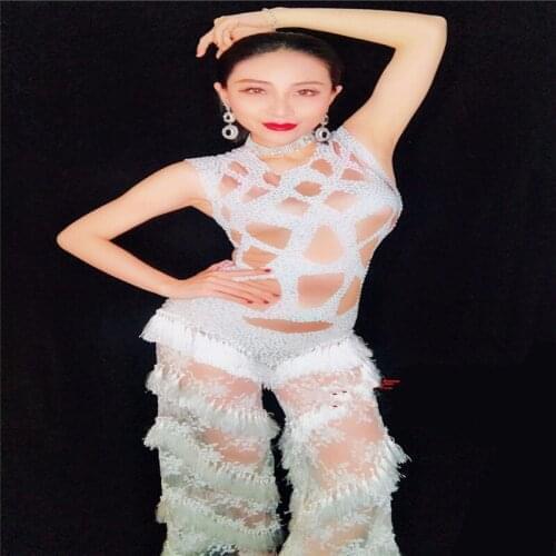 F04 Sexy sleeveless stretch leotard Rompers costume Crystal jumpsuit stage wear dj bodysuit bar performance dresses Diamond