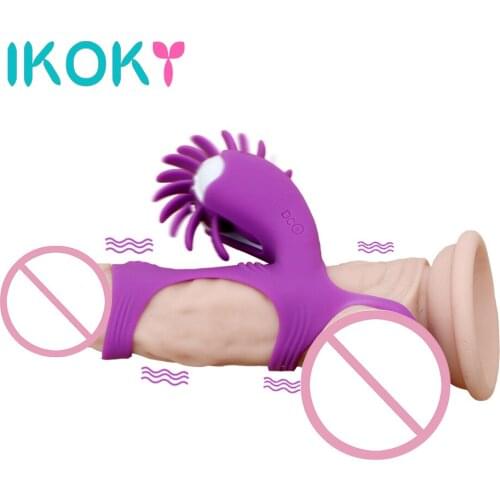 IKOKY Penis Vibrating Ring Sex Toys for Couples Oral Sex Licking Vibrator Rotation Tongue Silicone Clitoris Stimulator
