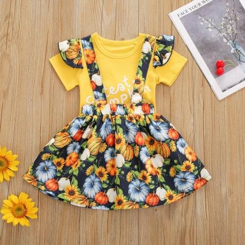 2Pcs Toddler Girls Halloween Outfits 2021 New Fashion Short Sleeve Letter Print Tops + Suspender Skirt Set