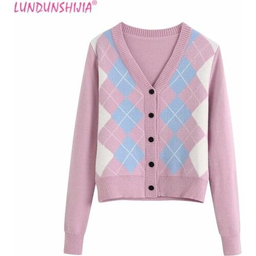 LUNDUNSHIJIA 2020 Spring Autumn Women Sweaters V-Neck Long Sleeve Knitting Cardigan Female Classic Rhombus Plaid Short Cardigans