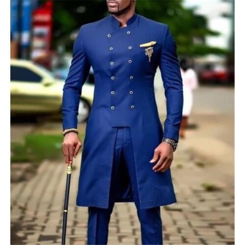 2020 Royal Blue Double-breasted Suit Mens Wedding Prom Tuxedo Fashion Groomsmen Slim Fit Tuxedos 2 Piece Set (Jacket+Pants)
