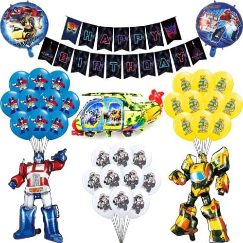 New 1set Transformation Foil Balloons Black Red Yellow Bee Latex Ballons Robot Car Party Decor Happy Birthday Banner Kid Boy Toy