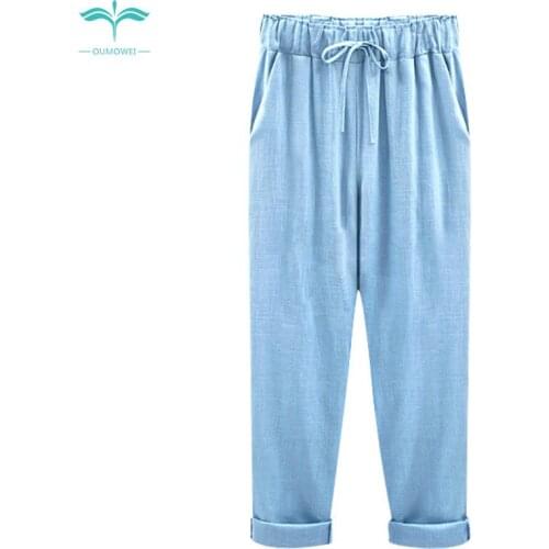 OUMOWEI Womens Trousers 2018 Fashion New Harem Pants Solid Color High Waist Trousers Cotton Thin Section Loose Casual Pants
