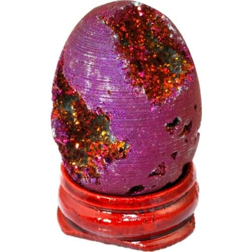TUMBEELLUWA Purple Titanium Coated Druzy Geode Sphere,Crystal Quartz Agate Egg 40x30mm,Sculpture Figurine with Wood Stand