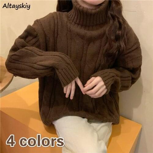 Sweaters Women Solid Ladies Winter Turtleneck Pullovers Preppy Korean Style All-match Fashionable Long Sleeve Knitted Loose Ins