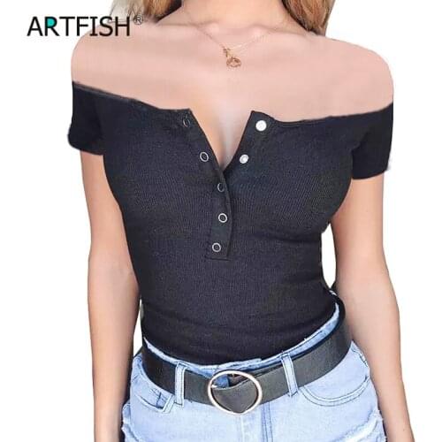 Buttons Ribbed Knitted Tops Basic Off Shoulder Bodysuits Women Sexy Short Sleeve Female Skinny One Pieces Suits Rompers GV493
