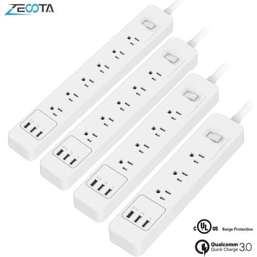 Multiple Power Strip Surge Protector 3/4/5/6 way AC Outlets US Plug Sockets with USB QC 3.0 Quick Charger 1.5m Extension Cord