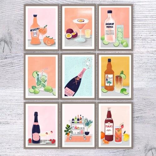 Wine Kitchen Poster Print Champagne Cocktail Drink Canvas Print Wall Art Painting Picture Dining Room Restaurant Bar Decoration