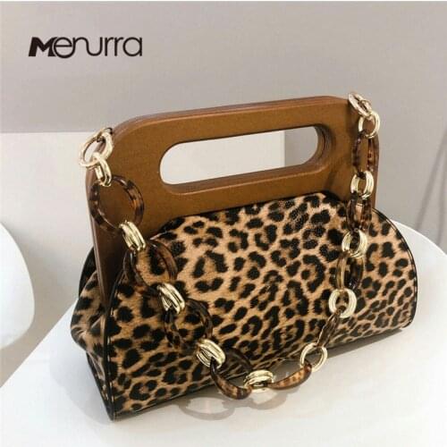 Women Leopard Print Handbag Wood Handle Bag Day Clutches Acrylic Chain Vintage Crossbody Bucket Bag Crossbody Bags Leather Purse