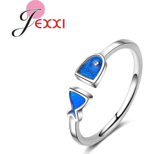 Cute Blue Fish Design Stackable Genuine 925 Sterling Silver Adjustable Girls Women Rings Accessories for Party Fast Ship