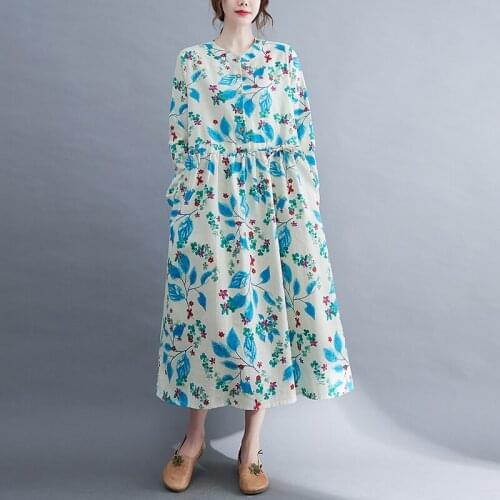 2021 New Arrival Print Floral Fashion Women Autumn Dress Cotton Linen Draw String Office Lady Work Dress Women Casual Long Dress