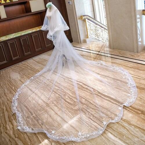 2 Layers Lace Appliques Star 2019 White ivory Bridal Veil 3m Width 4M Long Cathedral Long Veil For Women Wedding Hair Veil Cheap