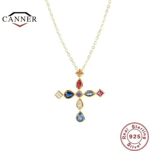 CANNER Multicolor Zircon Cross Clavicle Chain Necklace for Women 925 Sterling Silver Geometric Exquisite Necklaces Jewelry Gifts