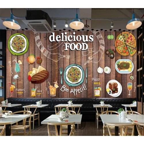 Beibehang Custom 3D wood hand-painted style Western food hamburger steak pasta pizza restaurant fast food decorative wallpaper