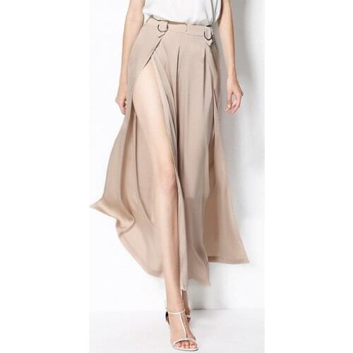Wide Leg Pants Women 92% Silk Fabric High Split Solid High Street Sexy Style Elegant Simple Design Zipper New Fashion 2018