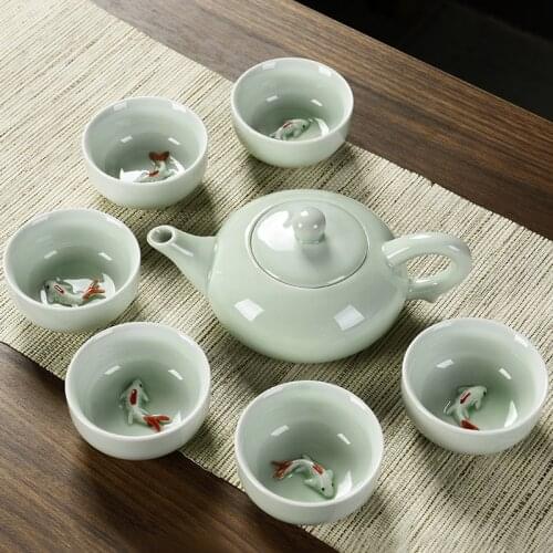 Carp Tea Set Porcelain Ceramic Teapot Teakettle Teasets Six Cups Teacup Drinkware Set Kettles Creative Gifts