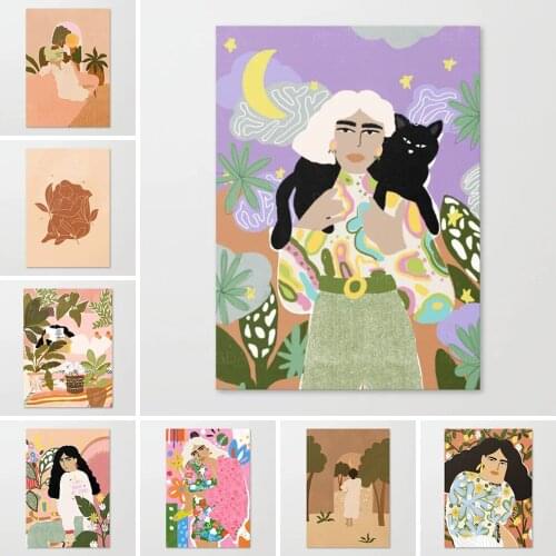 HD Printed Pictures Wall Art Woman Black Cat Canvas Paintings Home Decor Modular Flowers Plants Poster For Living Room Framework